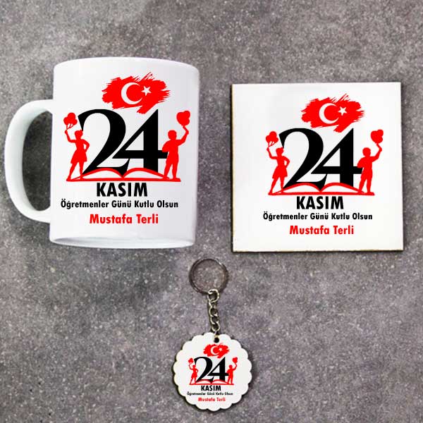 24 Kasım Öğretmenler Günü Kutlu Olsun Kupa Bardak Altlık Ve Anahtarlık Hediye Seti