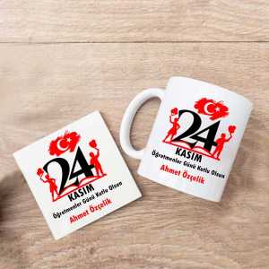  - 24 Kasım Öğretmenler Günü Kutlu Olsun Kupa Bardak ve Altlık Hediye Seti