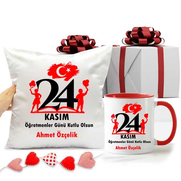 24 Kasım Öğretmenler Günü Kutlu Olsun Yastık Ve Kupa Bardak Hediye Seti