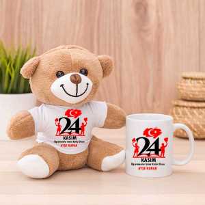  - 24 Kasım Öğretmenler Gününüz Kutlu Olsun Peluş Ayıcık ve Kupa Bardak