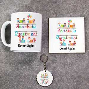  - Anaokulu Öğretmeni Kupa Bardak Altlık ve Anahtarlık Hediye Seti