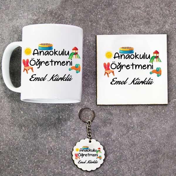 Anaokulu Öğretmenine Özel Kupa Bardak Altlık Ve Anahtarlık Hediye Seti