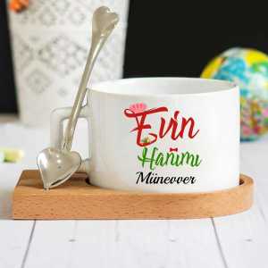  - Anneye Hediye Evin Hanımı Ahşap Altlıklı Fincan Seti