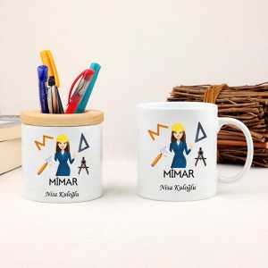 - Bayan Mimara Hediye Kupa Bardak ve Kalemlik Seti  - Bayan Mimara Hediye Kupa Bardak ve Kalemlik Seti