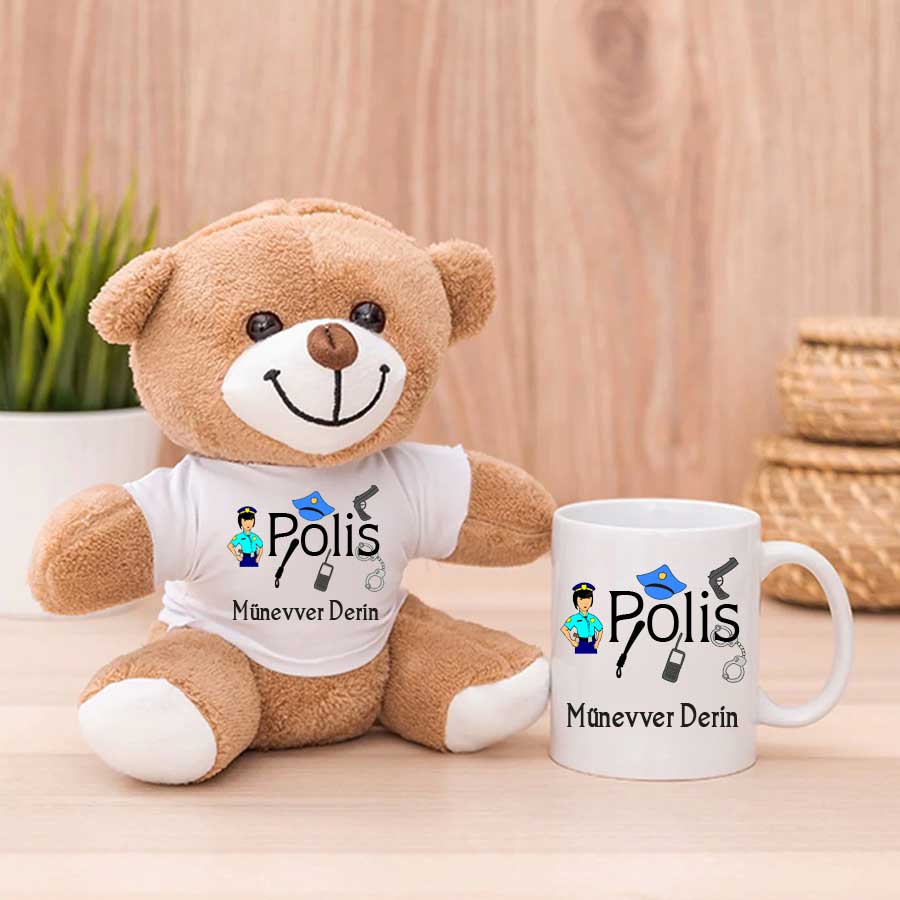 Bayan Polise Hediye Peluş Ayıcık Ve Kupa Bardak