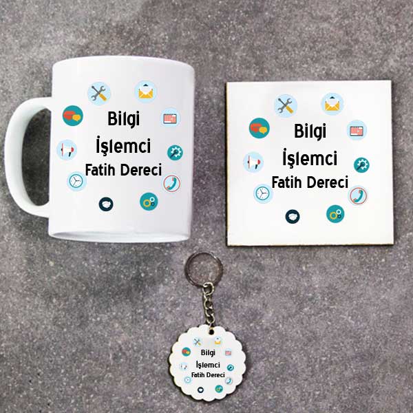 Bilgi İşlemci Kupa Bardak Altlık Ve Anahtarlık Hediye Seti