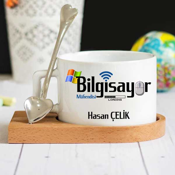 Bilgisayar Mühendisi Ahşap Altlıklı Lüks Fincan Seti