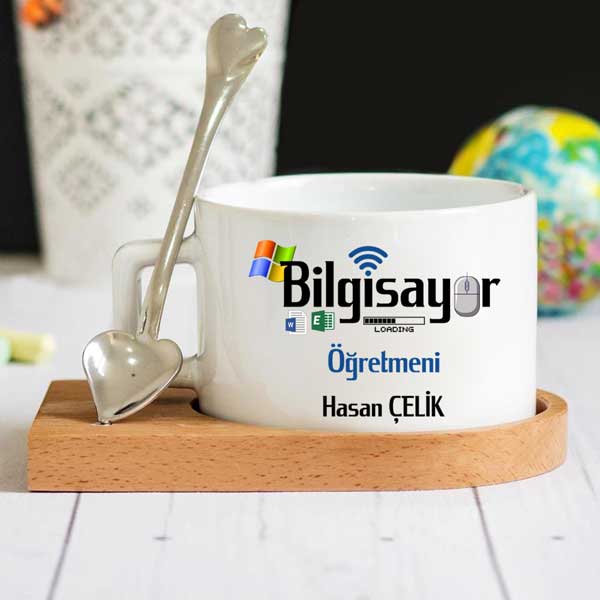 Bilgisayar Öğretmeni Ahşap Altlıklı Lüks Fincan Seti