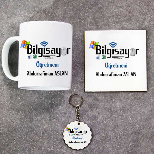 Bilgisayar Öğretmeni Kupa Bardak Altlık Ve Anahtarlık Hediye Seti