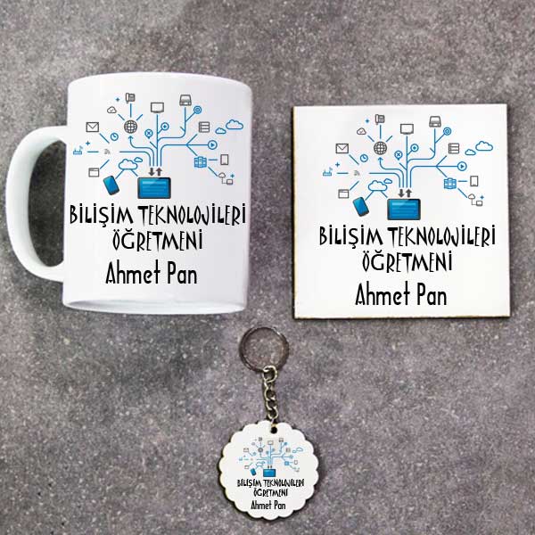 Bilişim Teknolojileri Öğretmeni Kupa Bardak Altlık Ve Anahtarlık Hediye Seti