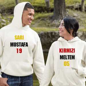 - Çiftlere Özel İsimli Sarı Kırmızı Kapşonlu Sweatshirt  - Çiftlere Özel İsimli Sarı Kırmızı Kapşonlu Sweatshirt