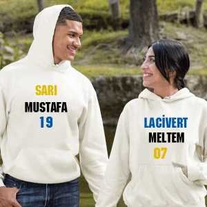 - Çiftlere Özel İsimli Sarı Lacivert Kapşonlu Sweatshirt  - Çiftlere Özel İsimli Sarı Lacivert Kapşonlu Sweatshirt