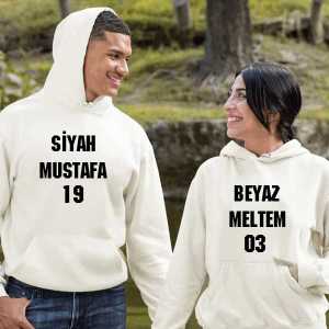  - Çiftlere Özel İsimli Siyah Beyaz Kapşonlu Sweatshirt
