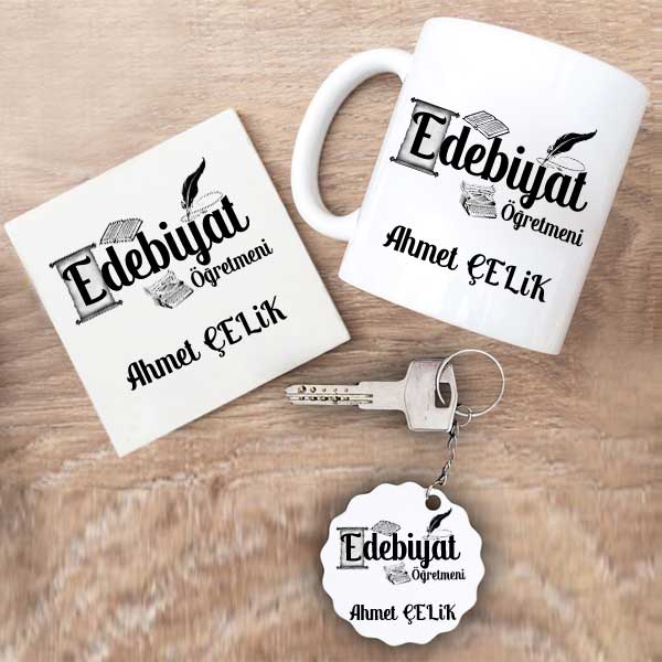 Edebiyat Öğretmeni Kupa Bardak Altlık Ve Anahtarlık Hediye Seti