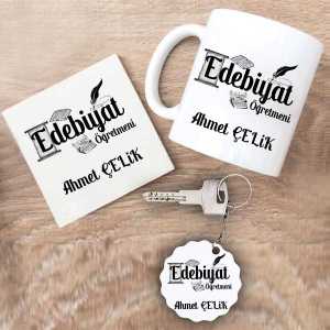 - Edebiyat Öğretmeni Kupa Bardak Altlık ve Anahtarlık Hediye Seti  - Edebiyat Öğretmeni Kupa Bardak Altlık ve Anahtarlık Hediye Seti