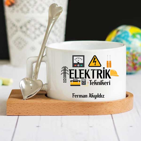 Elektrik Teknikeri Ahşap Altlıklı Lüks Fincan Seti