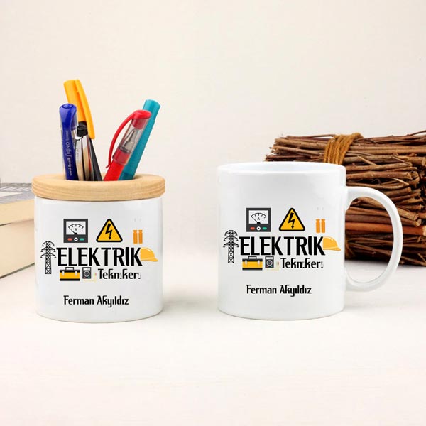 Elektrik Teknikerine Hediye Kupa Bardak Ve Kalemlik Seti