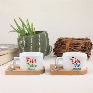  - Evin Hanımı Evin Beyi Ahşap Altlıklı Fincan Seti