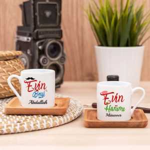  - Evin Hanımı Evin Beyi Ahşap Altlıklı Türk Kahvesi Fincanı