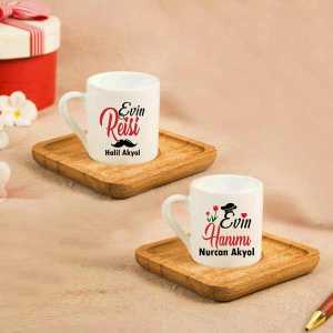 - Evin Reisi Evin Hanımı Ahşap Altlıklı Türk Kahvesi Fincanı  - Evin Reisi Evin Hanımı Ahşap Altlıklı Türk Kahvesi Fincanı