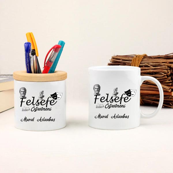 Felsefe Öğretmeni Kupa Bardak Ve Kalemlik Hediye Seti