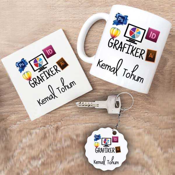 Grafiker Kupa Bardak Altlık Ve Anahtarlık Hediye Seti