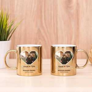  - İsme Özel ve Fotoğraflı Sevgililer Günümüz Kutlu Olsun Aynalı Gold İkili Kupa Bardak