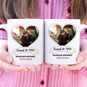  - İsme Özel ve Fotoğraflı Sevgililer Günümüz Kutlu Olsun İkili Kupa Bardak