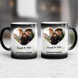  - İsme Özel ve Fotoğraflı Sevgililer Günümüz Kutlu Olsun İkili Sihirli Kupa Bardak