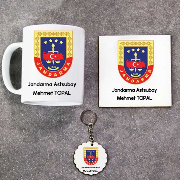Jandarma Astsubay Kupa Bardak Altlık Ve Anahtarlık Hediye Seti