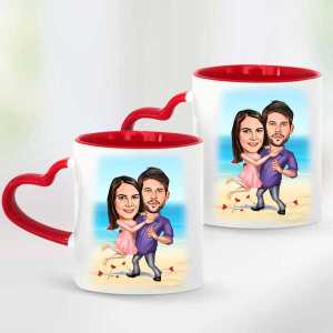  - Kişiye Özel Aşıklar Karikatürlü İkili Kalpli Kırmızı Kupa Bardak