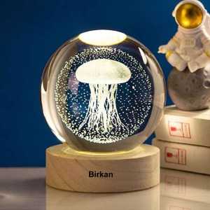 Kişiye Özel Deniz Anası Kristal Ahşap Kaideli Gece Lambası - Thumbnail