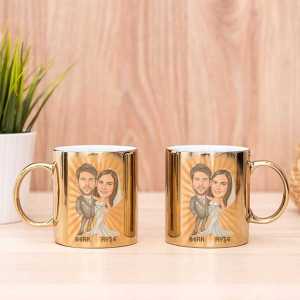  - Kişiye Özel Gelin Damat Karikatürlü İkili Aynalı Gold Kupa Bardak