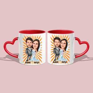  - Kişiye Özel Gelin Damat Karikatürlü İkili Kalpli Kırmızı Kupa Bardak