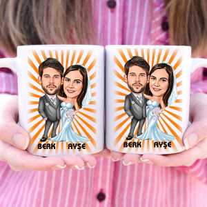  - Kişiye Özel Gelin Damat Karikatürlü İkili Kupa Bardak