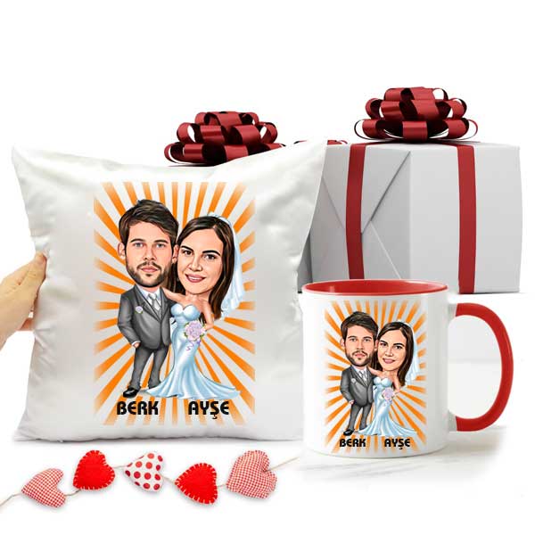 Kişiye Özel Gelin Damat Karikatürlü Kupa Bardak Ve Yastık