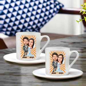  - Kişiye Özel Gelin Damat Karikatürlü Türk Kahvesi Fincan Seti