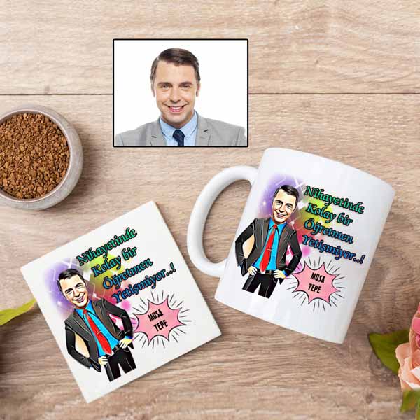 Kişiye Özel Öğretmen Karikatürlü Kupa Bardak Ve Altlık