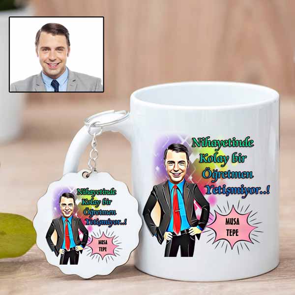Kişiye Özel Öğretmen Karikatürlü Kupa Bardak Ve Anahtarlık Hediye Seti