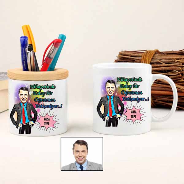 Kişiye Özel Öğretmen Karikatürlü Kupa Bardak Ve Kalemlik