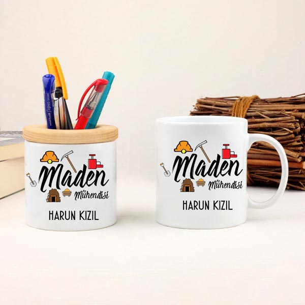 Maden Mühendisine Hediye Kupa Bardak Ve Kalemlik Seti