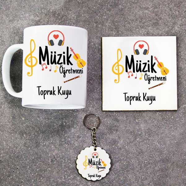 Müzik Öğretmeni Kupa Bardak Altlık Ve Anahtarlık Hediye Seti