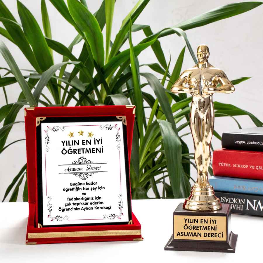 Öğretmene Ödül Hediye Seti Plaket Ve Oscar Ödülü