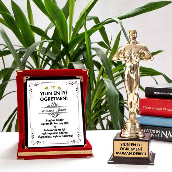 Öğretmene Ödül Hediye Seti Plaket ve Oscar Ödülü