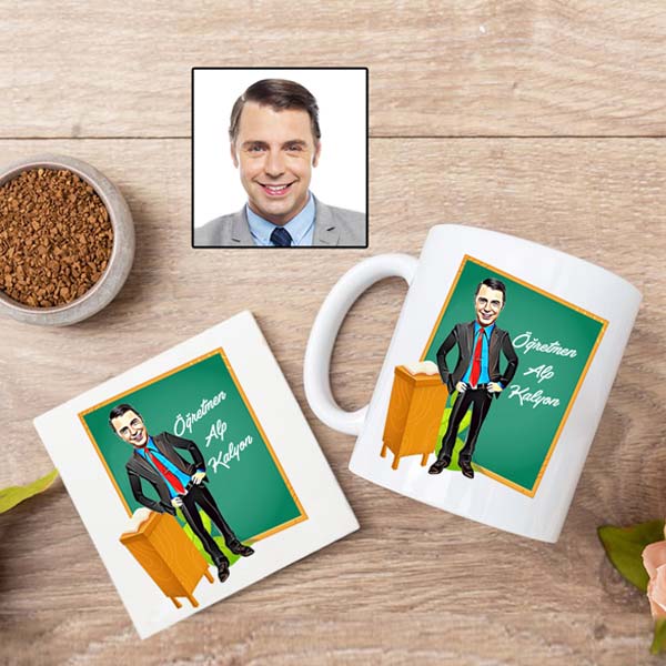 Öğretmene Özel Karikatürlü Kupa Bardak Ve Altlık