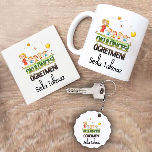Okul Öncesi Öğretmeni Kupa Bardak Altlık Ve Anahtarlık Hediye Seti