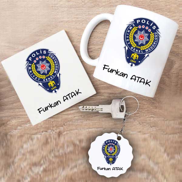 Polis Kupa Bardak Altlık Ve Anahtarlık Hediye Seti