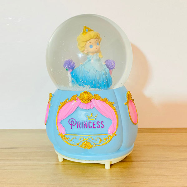 Prenses Model Büyük Boy Işıklı Müzikli Püskürtmeli Kar Küresi Mavi