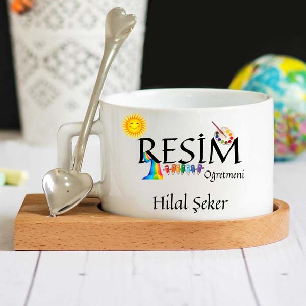 Resim Öğretmeni Ahşap Altlıklı Lüks Fincan Seti