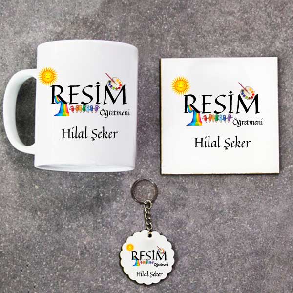 Resim Öğretmeni Kupa Bardak Altlık Ve Anahtarlık Hediye Seti